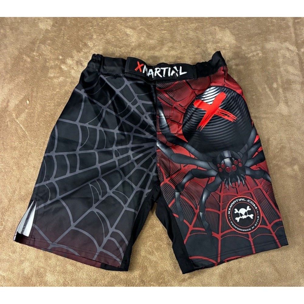 XMARTIAL Unisex XL MMA Boxing Muay Thai Shorts Black/Red/Gray Black Widow Spider
